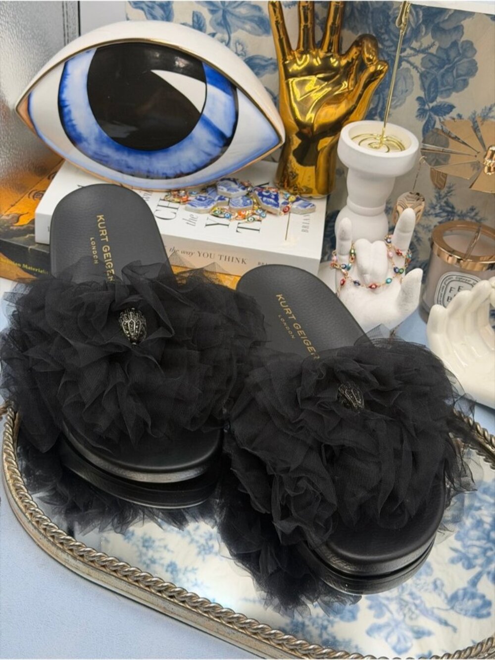 🆕 KURT GEIGER LONDON 🧿 NWOB Meena Ruffle Tulle Lace Slides, Black - Sz 37 US 7